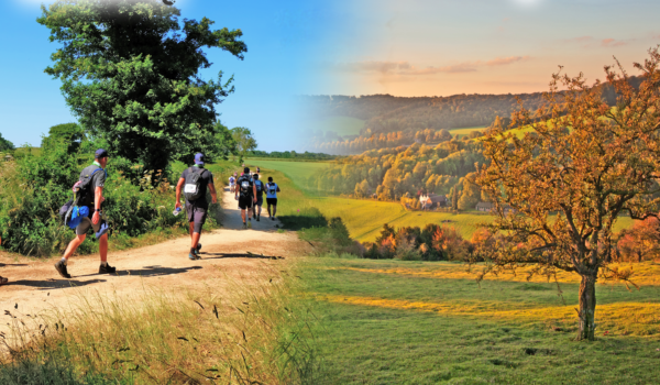A split image of walkers on a path and the other side the countryside at sunset