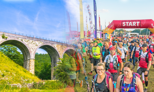 Split image of a peak district bridge and the start line of the challenge with a crowd of walkers