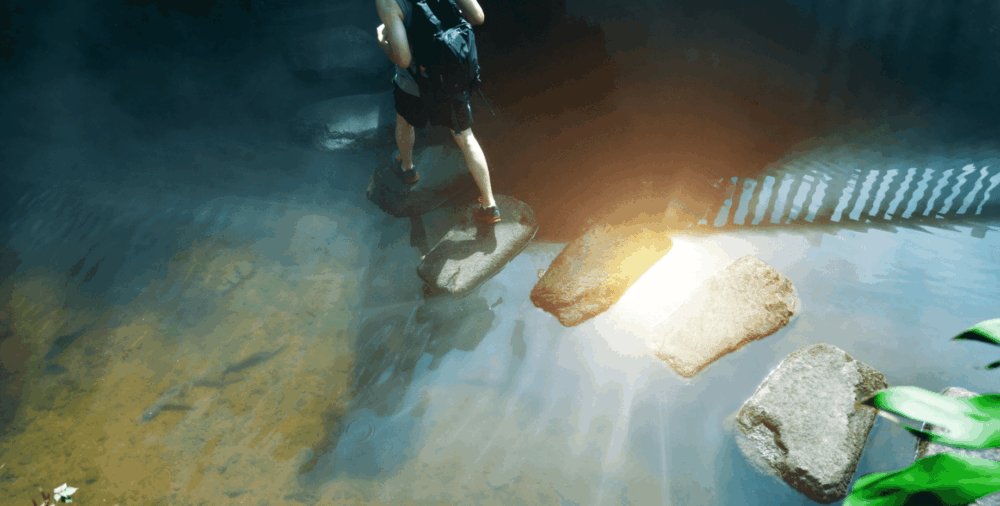 Person crossing a stream on stepping stones, seen from above