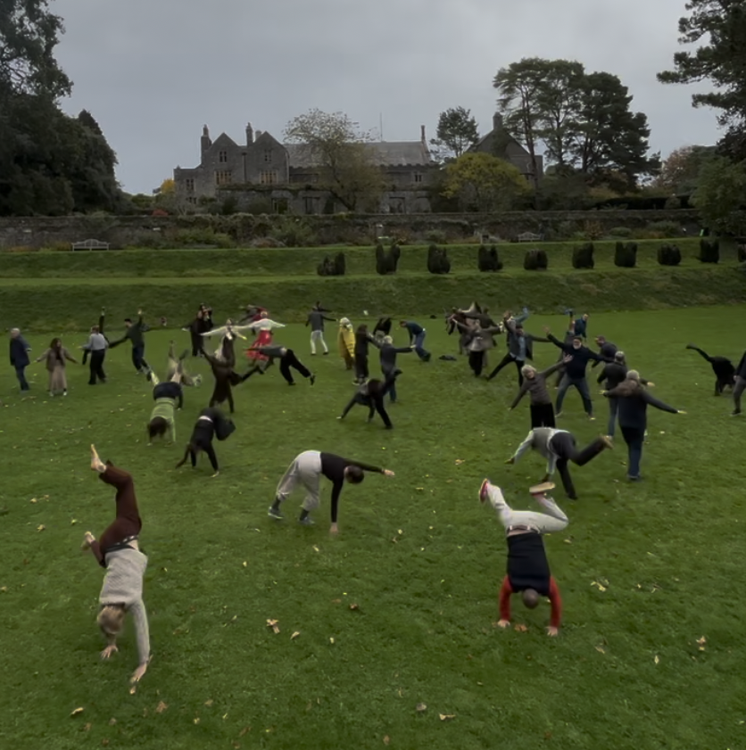 A large group of people all doing a cartwheel on a large lawned area near a big manor house