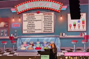 Image showing an analogy of the different types of treatment options for AML - displayed as ice cream flavours with other treatment options as toppings.