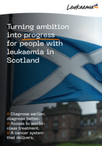 Leukaemia UK's Scotland Report cover for turning ambition into progress for people leukaemia.